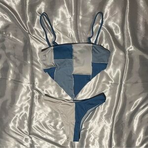 Blue and white patchwork bikini #swimwear #blue #white